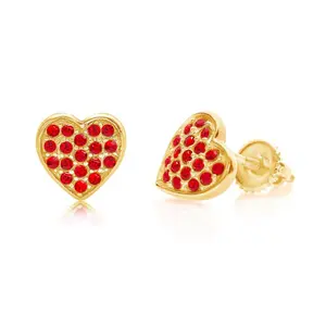 Heart Red Crystal Yellow Gold Brass Plating Hypoallergenic Kids Screwback Stud Earrings Surgical Titanium Posts