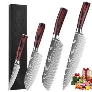 Japanese Knife Set (4-Piece) - Damascus Pattern Blades, Red Wood Handles, Kitchen, Knives tiktokshopspringglowup japan chef