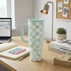 Mint Daisy Checker Tumbler With Straw Stainless Steel 40oz, Hot Cold Insulation, Car Holder Friendly Gift For Her Women, Girly, Preppy -ytk10124 Drinkware Flasks