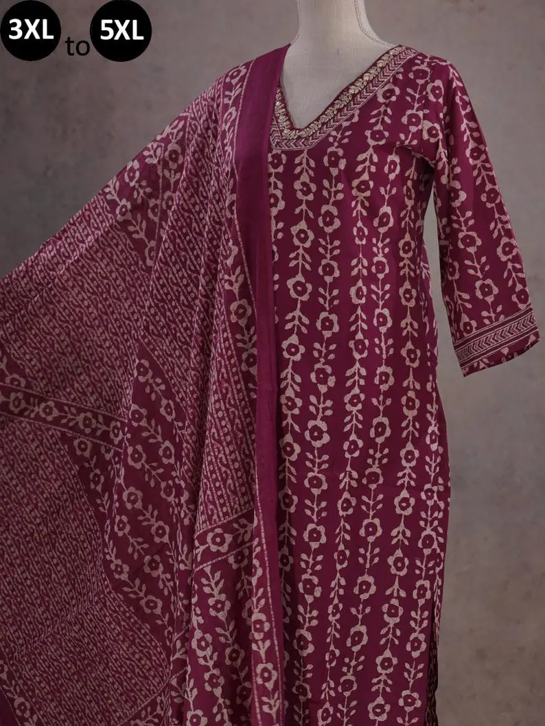Plus Size Pure Cotton Burgundy Purple Batik Print Kurta Palazzo Dupatta For Big Size Ethnic Summer Wear Indian Women Salwar Bollywood