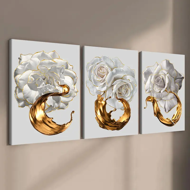 Wooden Framed Canvas Painting, 3 Counts/set Flower Pattern Floral Prints Wall Art Decoration Items, Modern Artwork for Home Living Room Bedroom Office Decor