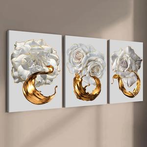 wooden framed canvas painting, 3 counts/set flower pattern wall art, modern art for home living room bedroom office decor, decoration