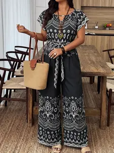 Plus Size Women's Casual Vacation Jumpsuit, Short Sleeve All over Print, Belted High Waist, Comfortable Fashion Wear, Daily