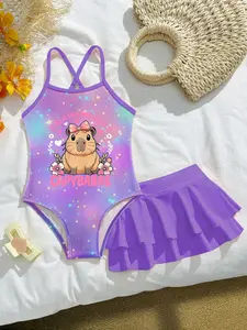 Adorable Cartoon Capybara Print Girls' Swimwear Set, Two-Piece Tank Top and Skirt, Soft Comfortable Fabric, Perfect for Summer Beach Play