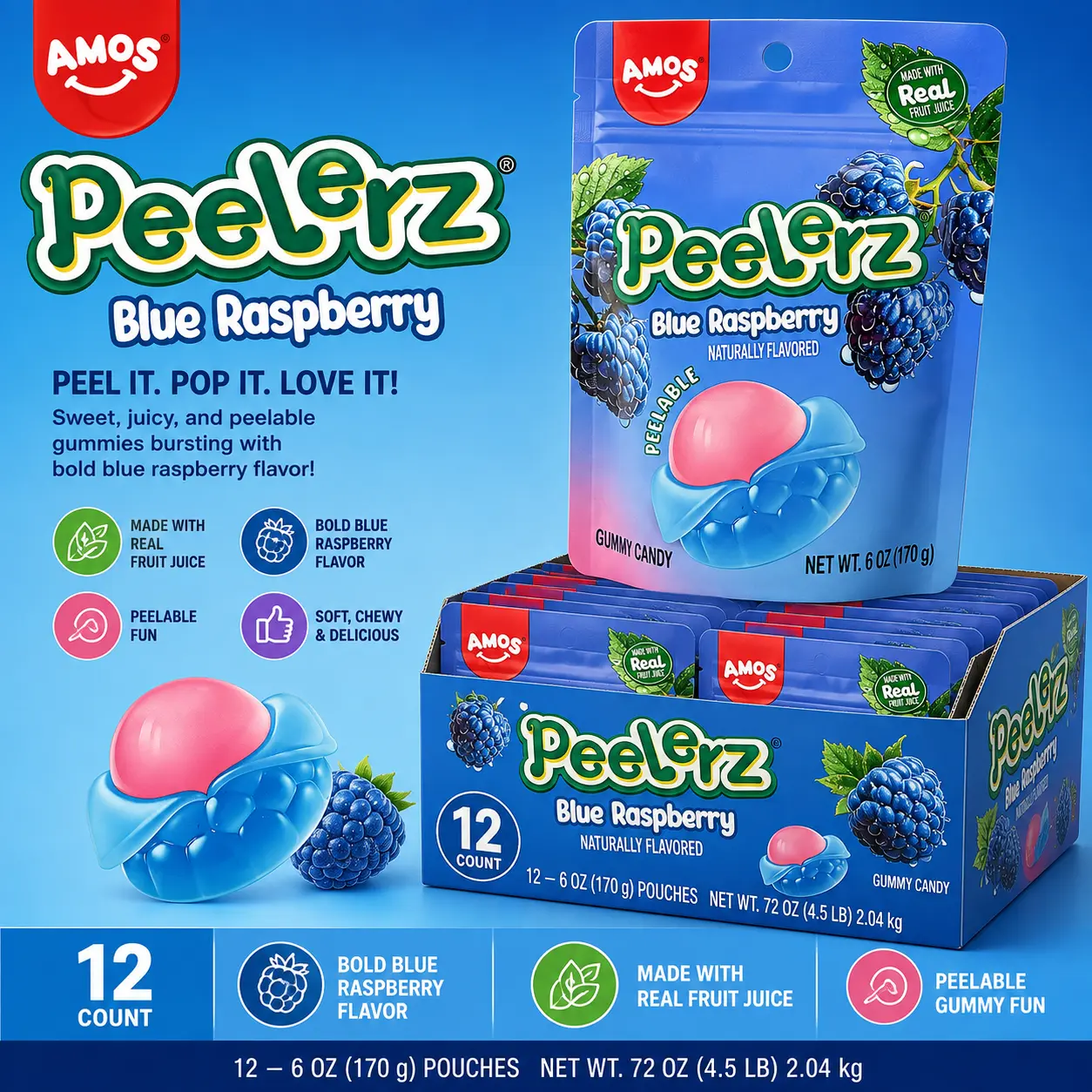 Amos Peelerz Blue Raspberry Peelable Gummy Candy 6 oz 12 Count Fruity Chewy Candy