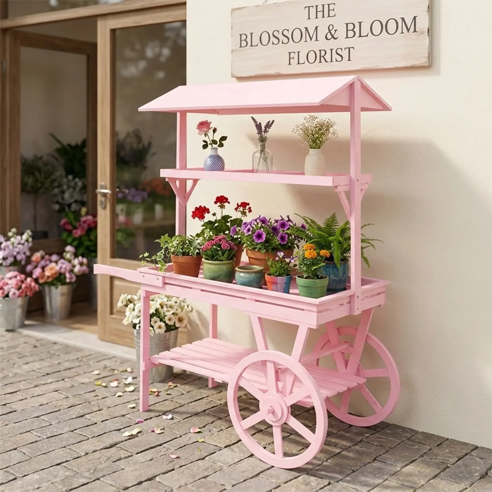 Retro Flower Cart Organiser Display Stand, 175cm Tall with Wheels, for Living Room, Hallway Outdoor Shelf Furniture Decor, Racks