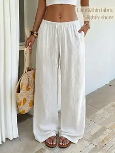 2026 Breathable Cotton Gauze White Drawstring Elastic Waist Wide Leg Palazzo Pants, Adjustable, Casual/Beach/Lounge Wear, Loose Fit With Pockets, Lightweight Flowy Trousers For Women, TikTok Viral Boho Summer Aesthetic Must-Have