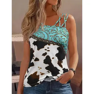 All Over Print Asymmetrical Tank Top, Casual Summer Sleeveless Top, Women's Clothing
