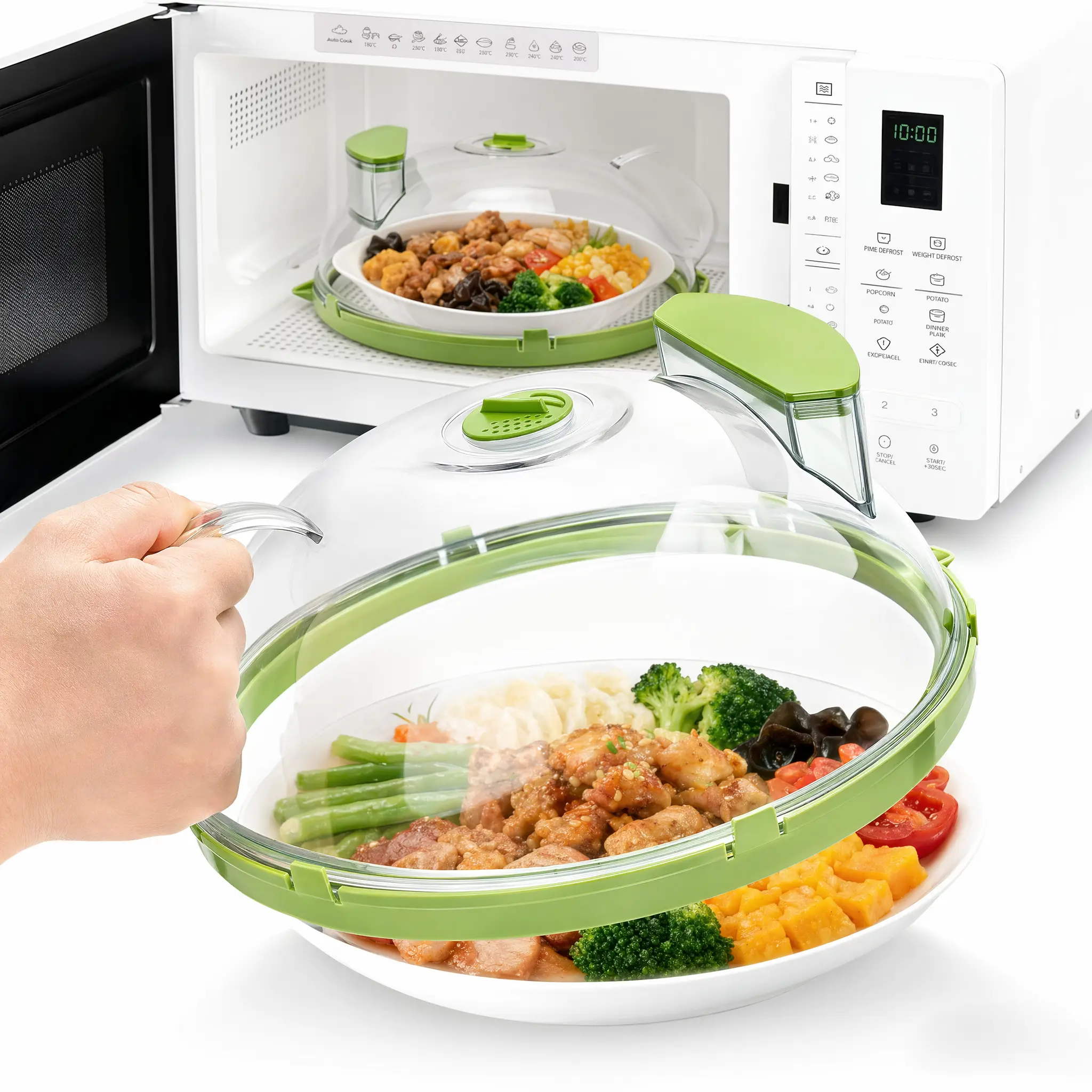 Upgraded 10-Inch Microwave Splatter Cover with Dual Water Steam Vents, BPA-Free Food-Safe Heat Resistant Polycarbonate Lid, Clear Easy-Clean Space-Saving Design