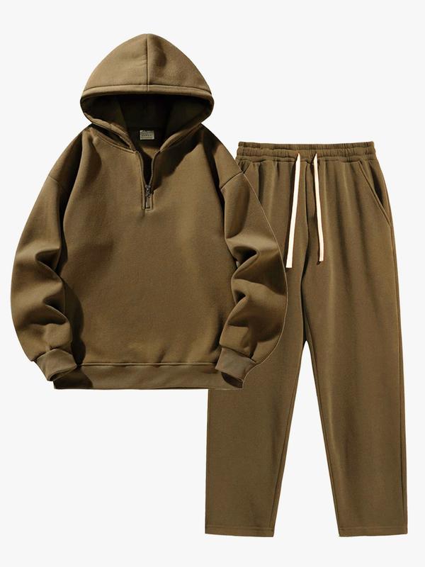 Men's Plain Two-piece Sweatsuit Set, Basic Regular Fit Casual Drop Shoulder Half Zip Hoodie & Pocket Drawstring Sweatpants, Men's Clothing