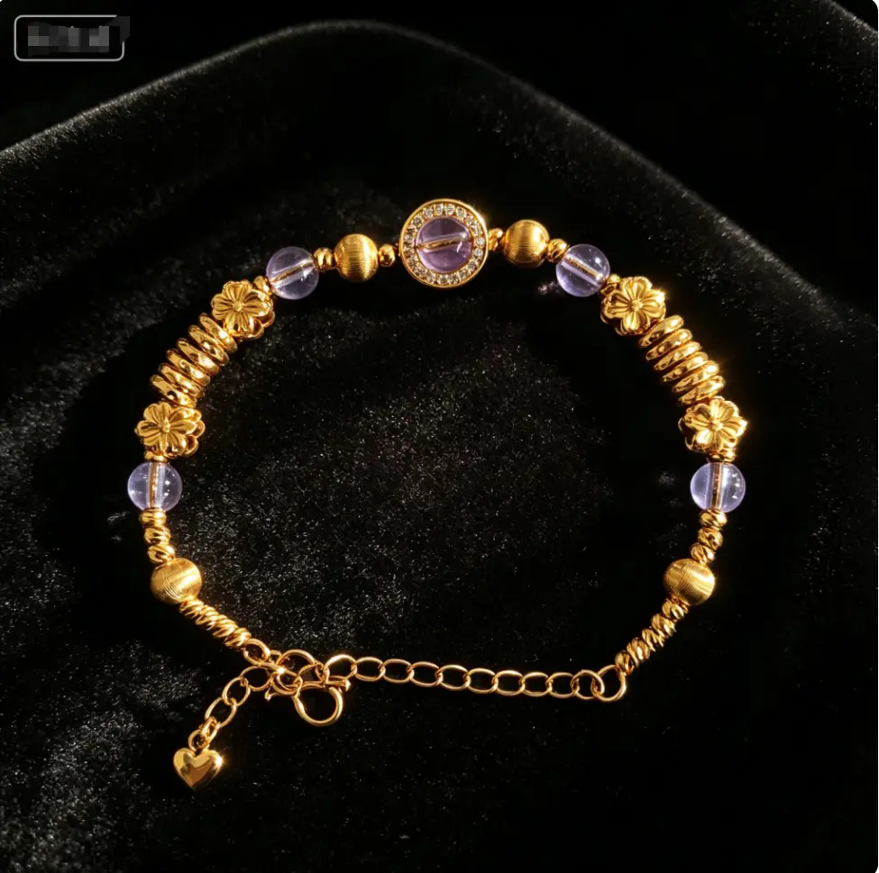 Luxury 18K Gold Plated Natural Crystal Bracelet, Vintage Floral Gold Bead Bracelet Inlaid Rhinestones Elegant Spiritual Accessory for Ladies Daily Wear