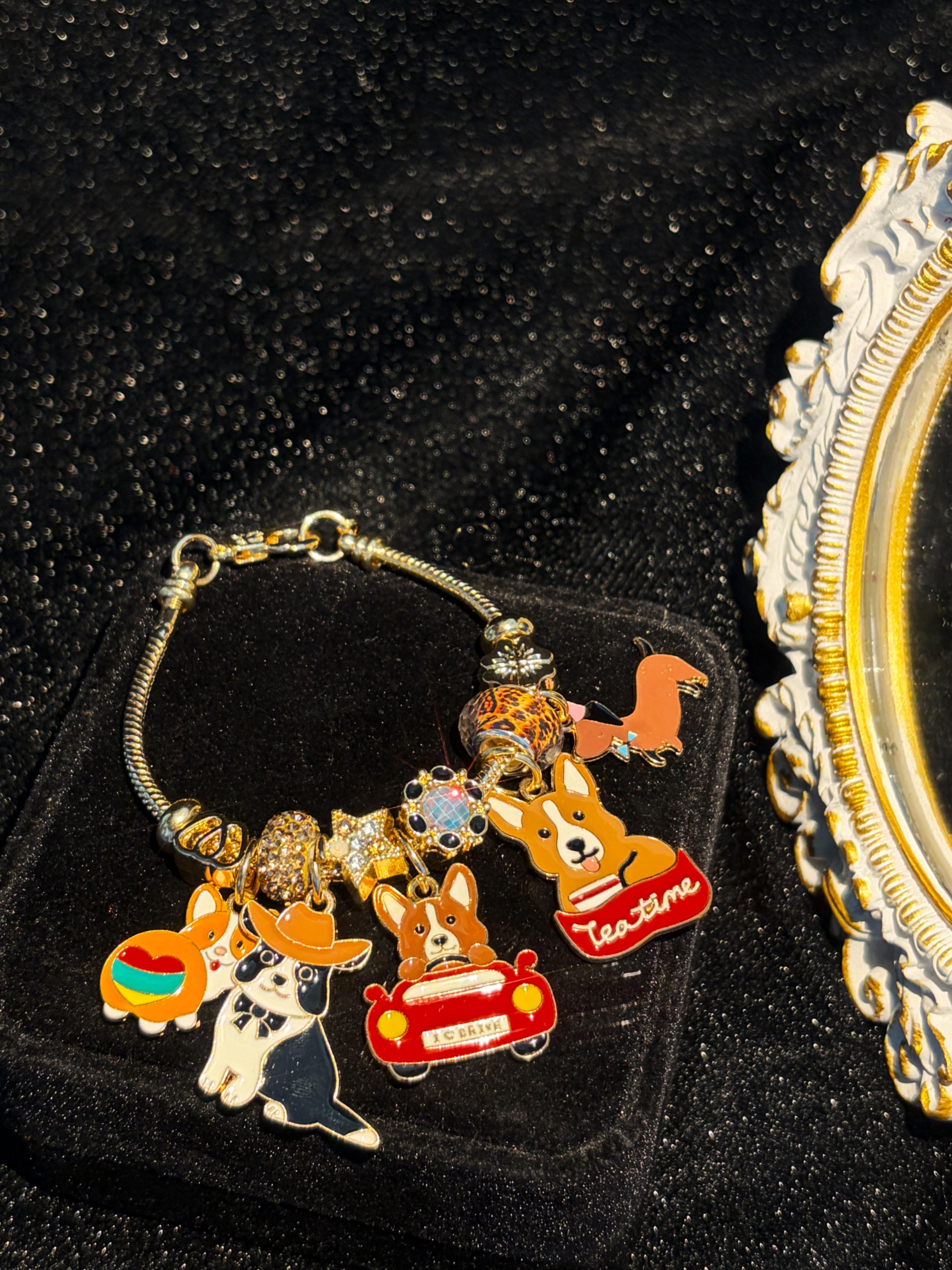 Cute Dog Puppy Enamel Dangle Charms Gold Tone Charm Bracelet, Fun Animal Beaded Jewelry Gift for Women
