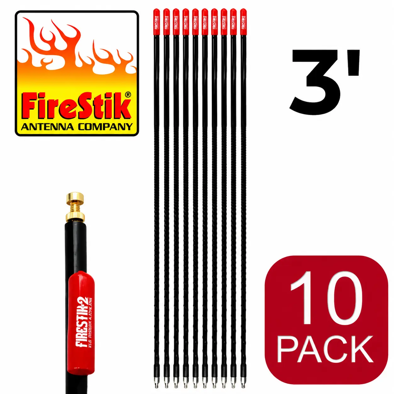 Firestik 3' Tunable Tip CB Antenna Black - 10 Pack