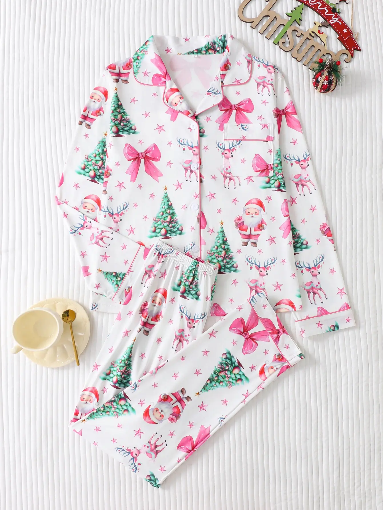 Women's 2-Piece Pink Cartoon Graphic Pajama Set - Button-Up Long-Sleeved Top, Matching Pants, Novelty Style Floral Sleep-Friendly Loungewear for Home Sleeping, Daily Wear