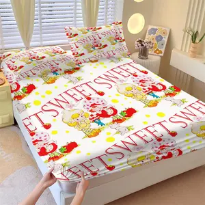 Strawberry Shortcake Sweet Fitted Sheet Set, 1 Fitted Sheet + 2 Pillowcases - 3 Pcs Soft Breathable Bedding with Deep Pocket, 360° All-Round Wrap, Wrinkle Resistant, Cute Cartoon Bed Sheets for Girls Bedroom, Full Size