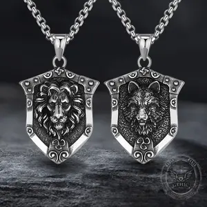 GTHIC Punk Lion Wolf Shield Stainless Steel Necklace for Men and Women Statement Jewelry Daily Wear Birthday Gifts