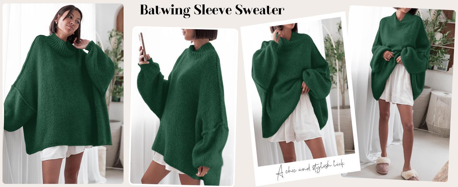 Imily Bela【Oversized】Womens Sweaters Mock Neck Batwing Long Sleeve Fall Trendy Ribbed Knit Casual Tunic Sweater
