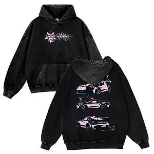 Pink Y2K Style 911 Supercar 380g Autumn VIntage Washed Hoodie Graphic Sweatshirt