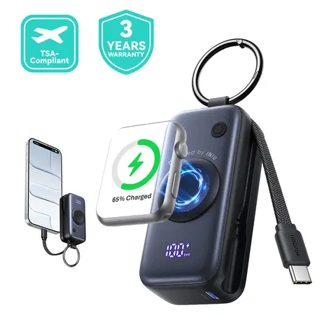 INIU P81 SnapGo Mini Multifunctional Power Bank - 5000mAh Compact Fast-Charging Wireless USB Rechargeable Battery, Built-in Cables & Keychain, 3-Year Support, Flight-Safe EDC for Smartphone, iWatch, iPhone, AirPods (2026 Top Gift)
