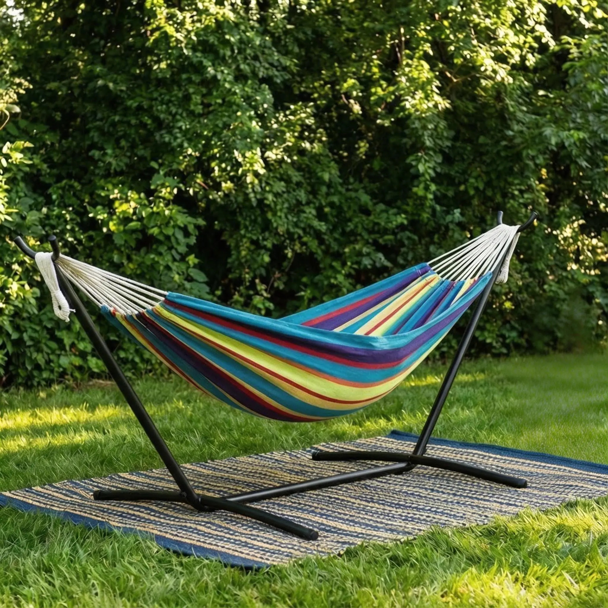 Tropical Double Hammock with Steel Stand - 2 Person Hammock Bed Indoor Outdoor, Brazilian-Style, with Carry Bag, 450lb Capacity, Portable & Easy Assembly