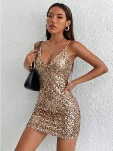Sparkling Sequin Halter Short Dress, Formal Wear, Deep V Neck Design, Slim Fit Accentuates Curves, Perfect for Parties or Nightclubs, Womenswear