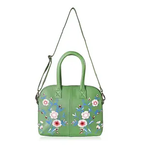LA Marey Green Genuine Leather Embroidery Work Crossbody Bag with Silk Scarf