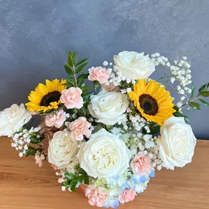 Golden Cloud Nine Sun-Kissed Serenity Flower Bouquet with Sunflowers Roses and Baby's Breath Decorative Arrangement