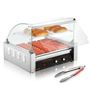 VEVOR Hot Dog Roller, TikTokShopBlackFriday, 11 Rollers 30 Hot Dogs Capacity, 1650W Stainless Sausage Grill Cooker Machine with Dual Temp Control Glass Hood Acrylic Cover Bun Warmer Shelf Removable Drip Tray, ETL Certified