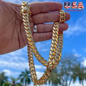 18K Gold Vacuum Plated Stainless Steel Chain & Copper Deployment Clasp Miami Cuban Link Chain Italy Mexico & Micro Inspired Unisex Hip Hop 14mm Necklace&Bracelet for Men & Women Jewelry,Daily Wear,Casual Fashion,Gift,Chicano Style,Weighty,S