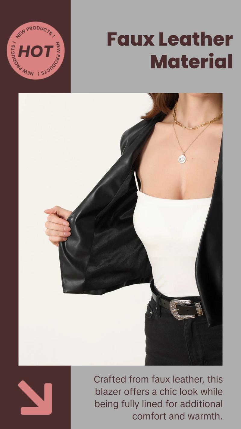 Faux Leather Crop Blazer for Women'S Collarless Open Front PU Moto Biker Jackets XL Black Faux Leather Crop Blazer for Women'S Collarless Open Front PU Moto Biker Jackets XL Black