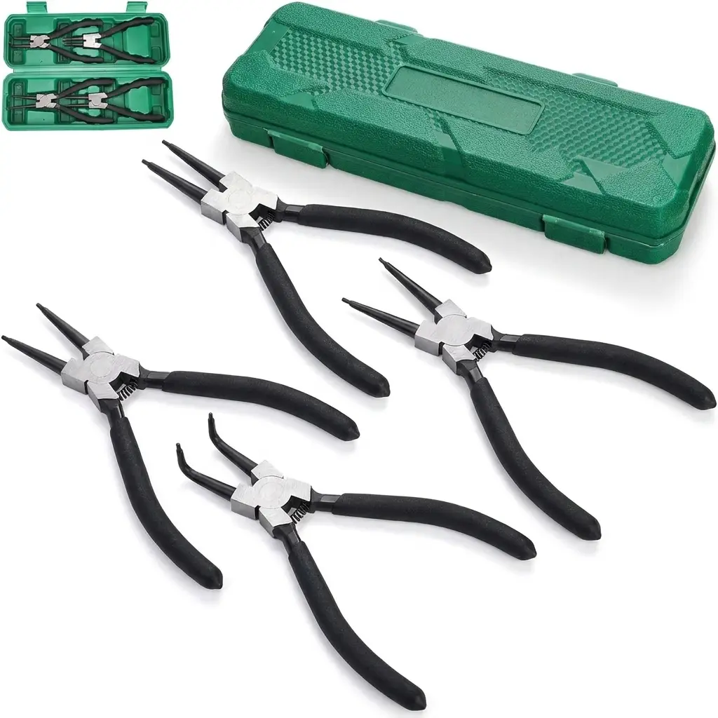 4 Piece 7 Inch Snap Ring Pliers Set, Internal External Circlip Pliers with Straight Bent Jaws, CR-V Steel Spring Loaded Heavy Duty Pliers for Automotive Mechanical Repairs