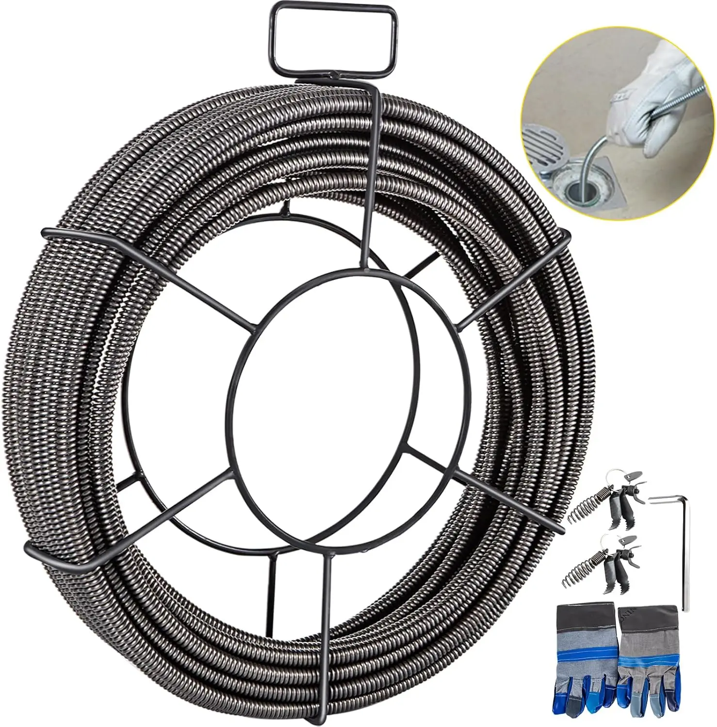 VEVOR Drain Cleaning Cable 100 FT x 3/8 Inch, Solid Core Steel Sewer Cable with 4 Cutter for 2" to 4" Pipes, Sewer Auger Cleaner Cable for Sink, Floor Drain, Toilet