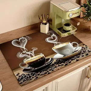 1 coffee themed utensil drain pad - fast drying polyester adhesive kitchen countertop pad with steam cup and coffee bean design, suitable for restaurants, coffee bars, outdoor tables, Home, heart-shaped pattern, easy to clean material