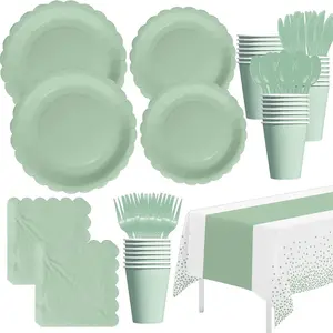 Sage Green Party Decorations Supplies Tableware, Light Green Paper Plates And Napkins, Tablecloth Printed Table Runner, Cutlery, for Birthday  Bridal Shower Wedding Anniversary, Serves 24