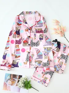 Women’s Long Sleeve Satin Pajama Set, Leopard Print, Casual Lapel Collar Top & Pants, All-Season Comfortable Woven Sleepwear