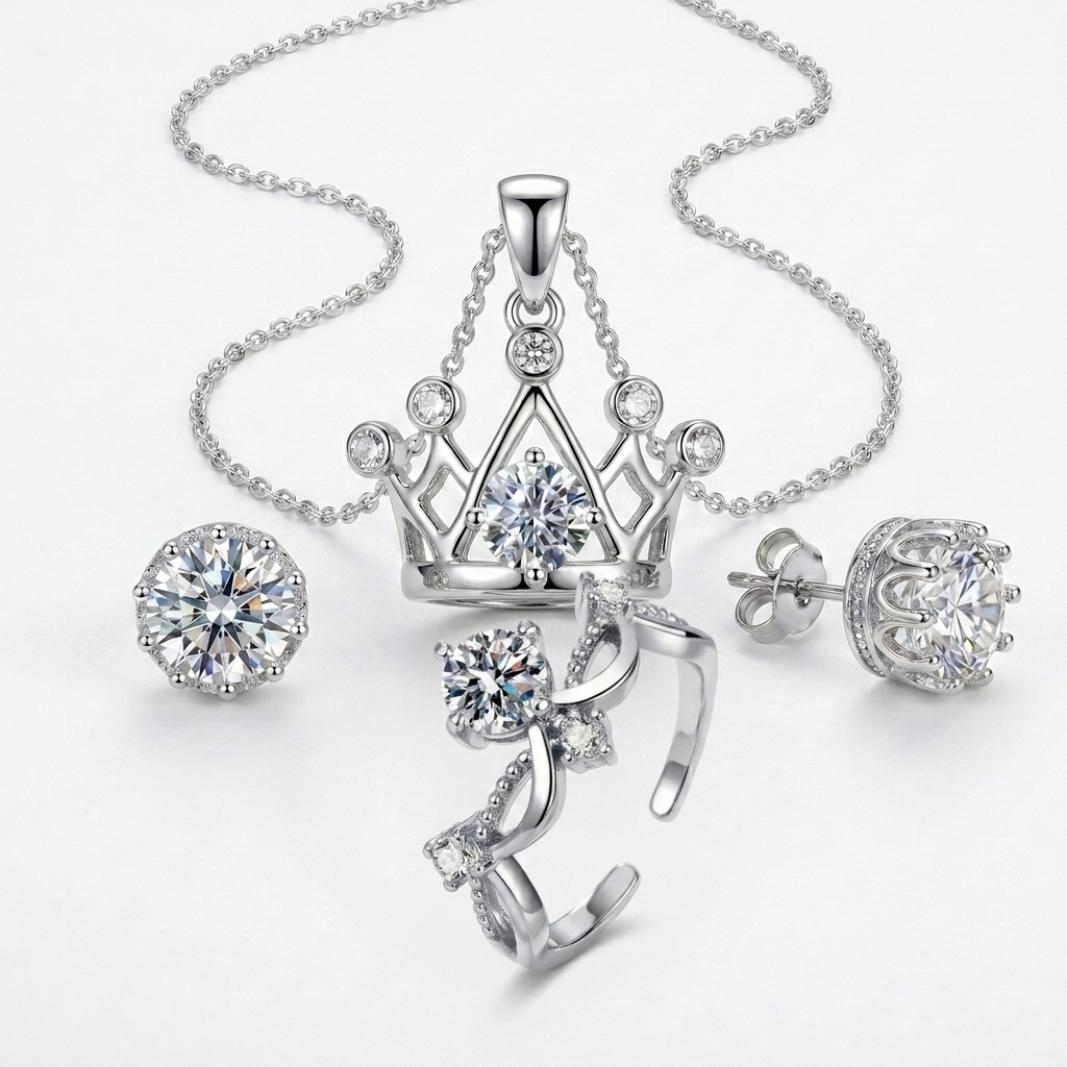 Women's 925 Sterling Silver Crown & Zircon 3-Piece Jewelry Set – Includes Sparkling Pendant Necklace, Adjustable Ring, and Crystal Stud Earrings; A Romantic Birthday or Anniversary Gift – Stylish, Versatile, and Exquisite Accessories for Women Women's 925 Sterling Silver Crown & Zircon 3-Piece Jewelry Set – Includes Sparkling Pendant Necklace, Adjustable Ring, and Crystal Stud Earrings; A Romantic Birthday or Anniversary Gift – Stylish, Versatile, and Exquisite Accessories for Women