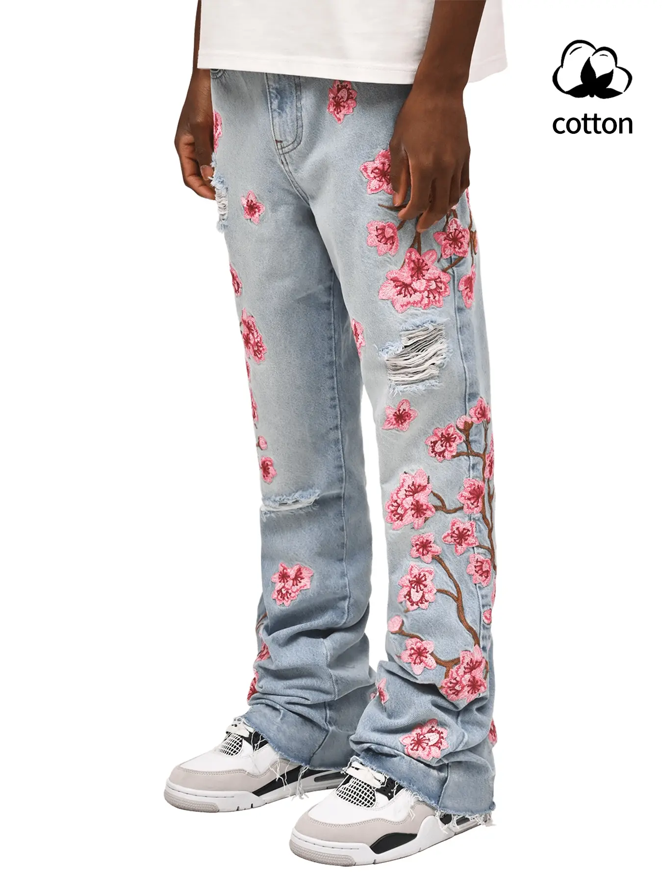 Water Wash Floral Embroidered Jeans, Fitted Flared Bell Bottoms, Streetwear Casual Denim Jeans, Fashionable Comfort Design, Perfect for Daily Wear, Embroidery, Denim Pants