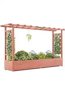 79"X17"X45" Modern Wooden Outdoor Raised Garden Bed with Trellis - Home Planter Box with Plant Support, Side Supports, Canopy, 4 Drainage Holes - Ideal for Climbing Plants, Vines - Outdoor Furniture