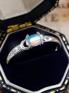 Star Moon Design Rings Elegant Artificial Moonstone Gemstone Ring, Exquisite Trendy Promise Ring, Fashionable Engagement Ring Accessories for Women As Gift （with box）
