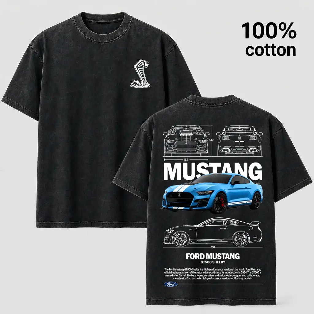 100% Cotton Vintage Washed Ford Mustang Shelby GT500 Blueprint Graphic Tee - Menswear Short-Sleeve T-Shirt, Black-Acid Wash Oversized Unisex Casual Sports Top, Shortsleeve