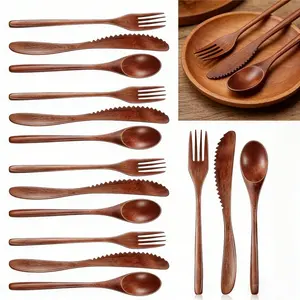 12 Pcs Wooden Utensils for Eating Wooden Spoon Fork Knife Cutlery Set Kitchen Wood Dinner Flatware Tableware Set Includes Spoon, Fork, Knife