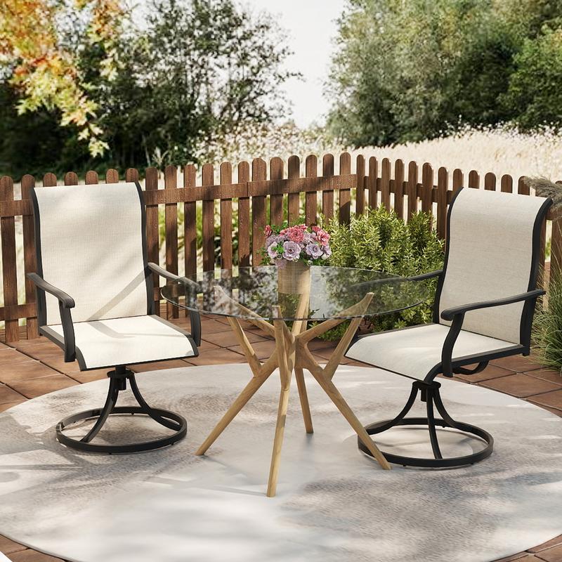 Outdoor Patio Swivel Dining Chairs Set of 2, 360 Swivel and All Weather Rocking Chair with Textilene Mesh Fabric and Rust Proof Steel Frame, 400 Lb. Capacity,for Lawn, Porch or Garden，Beige