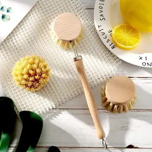 Long-Handled Pot Brush with Replaceable Heads, Natural Soft Bristles, Horsehair Sisal Coconut Palm, Solid Wood Handle for Pots Dishes