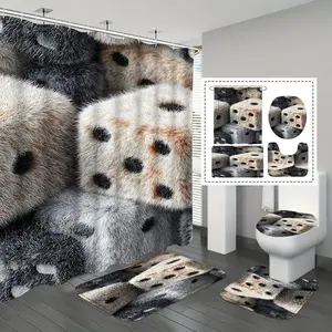 4pc Leopard Print Bath Curtain Set, Waterproof Durable Shower Privacy Divider, No Drilling Wall-Mounted Modern Bathroom Supply