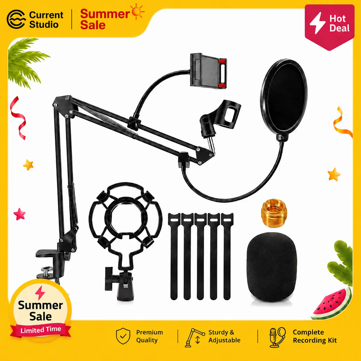 Professional Microphone Arm Stand, Suspension Boom Scissor Mic Stand with Heavy Duty Clamp, 3/8" to 5/8" Adapter, for Voice-over, Gaming, Recording, Studio, Home Office