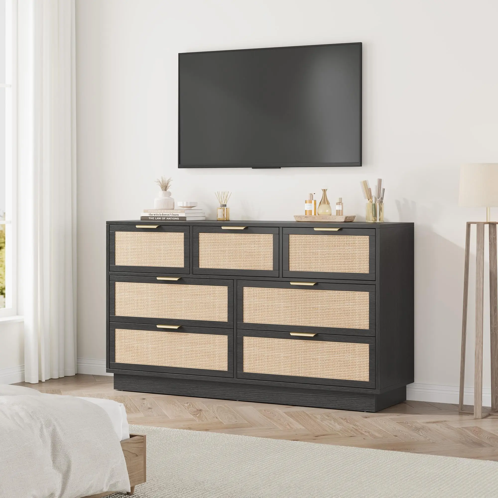 7-Drawer Rattan Dresser with Dresser Organization - Modern Wood Chest for Modern Bedroom, Space-Saving Minimal Chic Storage Cabinet, TV Stand for 75-Inch TV, Freestanding Credenza for Small Room Ideas (Bedroom/Living Room)