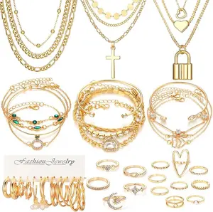 36Pcs Women Fashion Jewelry Set, Golden Accessories Pack with Multi-layer Necklaces, Stackable Bracelets, Rings & Hoop Earrings, Delicate Mixed Jewelry Collection, Perfect Daily Outfit Decor & Gift for Halloween, Christmas and Holiday Parties