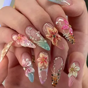Pastel Fairy 3D Flower Press On Nails, Handmade Reusable Jelly Nails with Soft Pink Mint Blue Tones, Pearl and Crystal Details for Y2K Aesthetic, Party Looks and Photoshoot Vibes