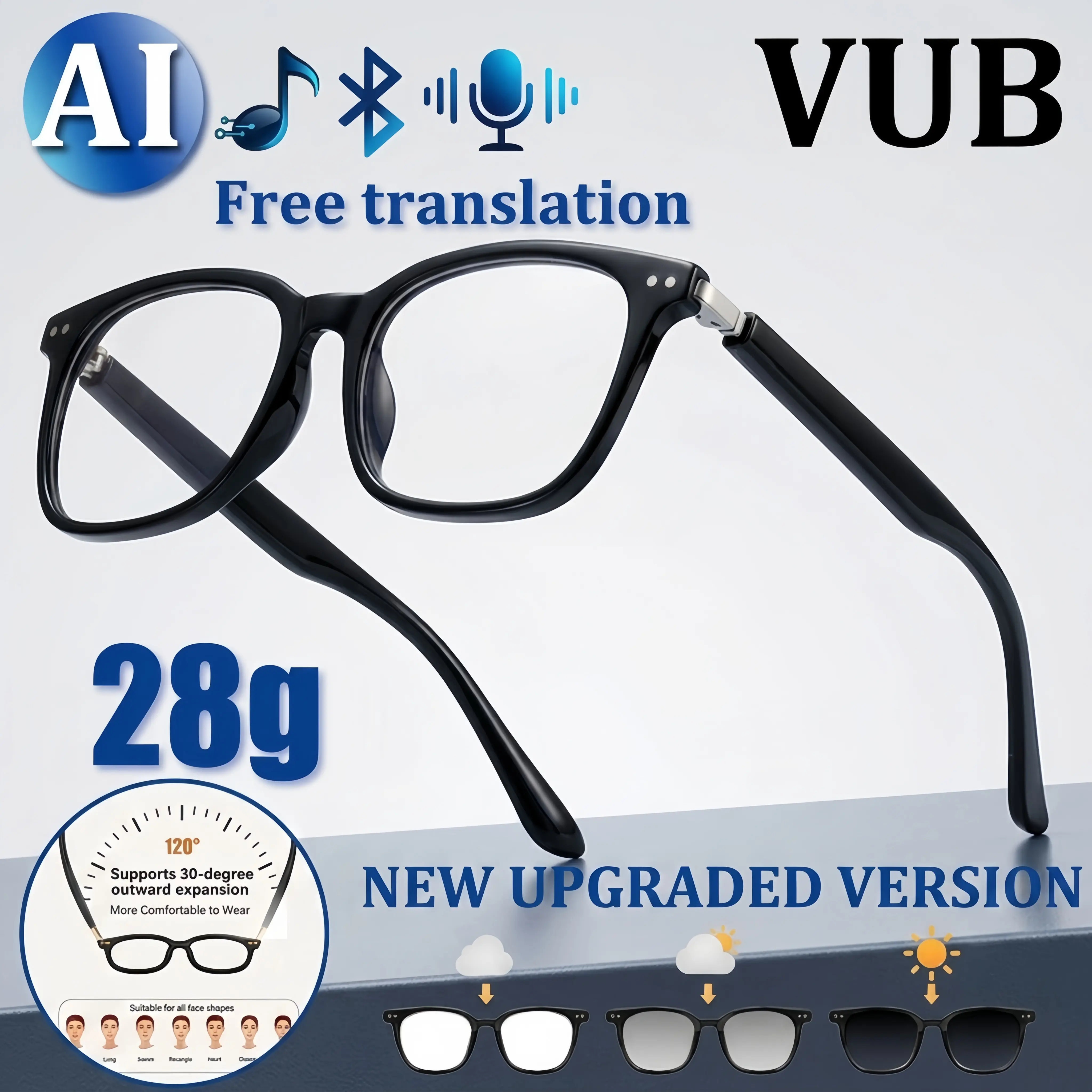 VUB Smart Glasses (2nd Generation) – Ultra-Thin Frame, Looks Like Ordinary Glasses, Hidden Open-Ear Bluetooth Speakers, Photochromic Blue-Light Blocking Lenses, Hands-Free AI Translation & Calls, Unisex
