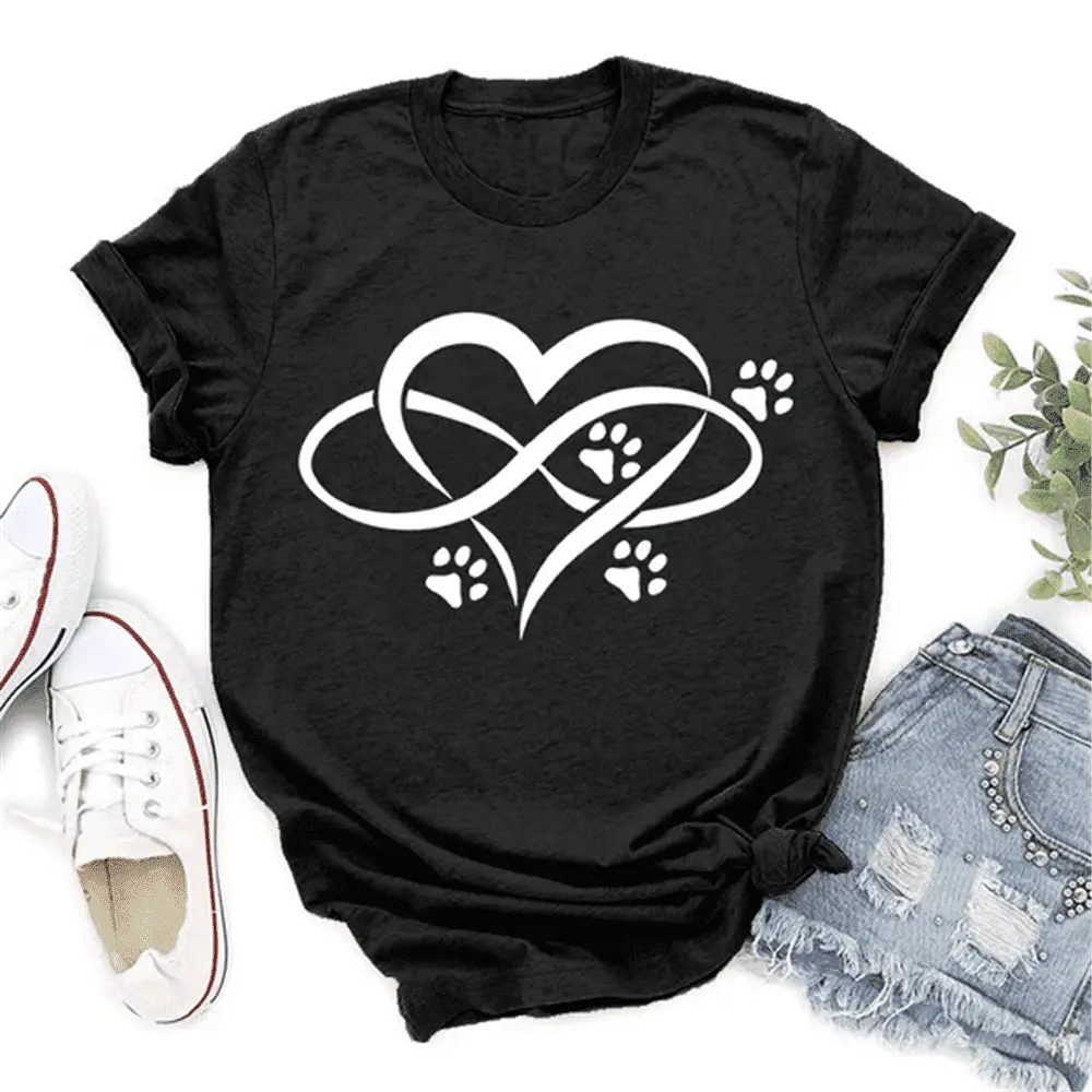 Cotton Short Sleeve Dog Paw Print T-Shrits For Women Summer Short Sleeve Round Neck Cute Loose T-Shirt Creative Personalized Tops For Men Women